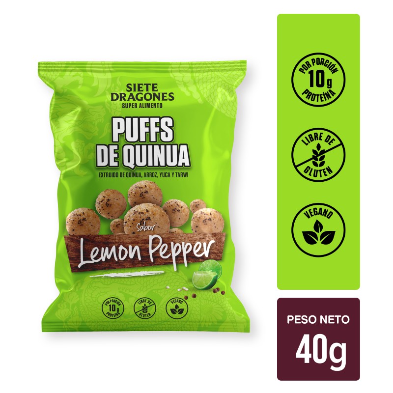 PUFF DE QUINUA SABOR LEMON PEPPER 40GR PUFF DE QUINUA SABOR LEMON PEPPER SIETE DRAGONES 40GR